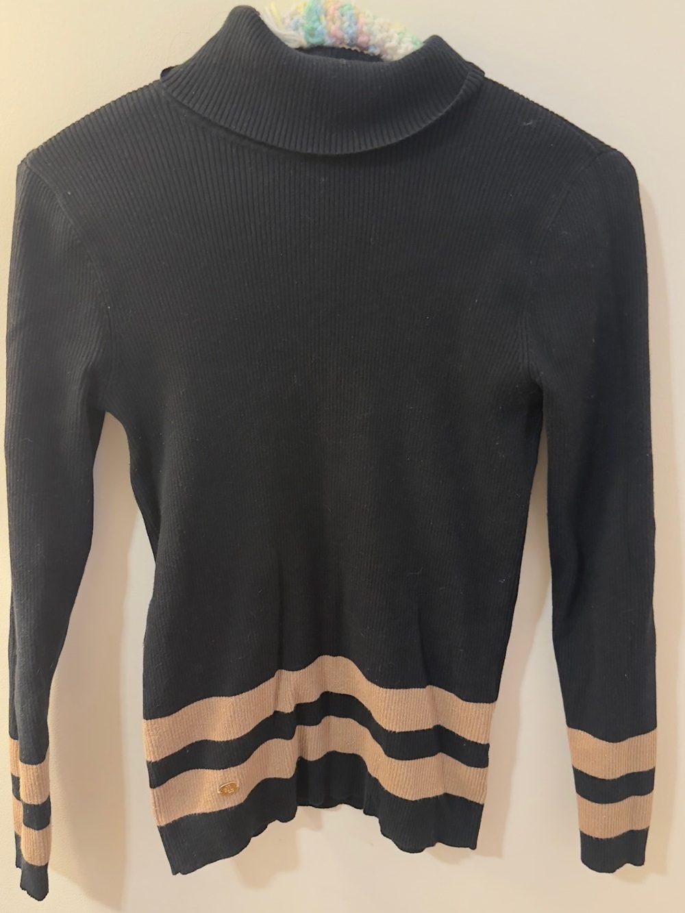 Lauren Ralph Lauren Black Turtleneck Sweater with Tan Stripes